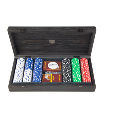 POKER GAME WITH WOODEN AND BLACK LEATHER BOX