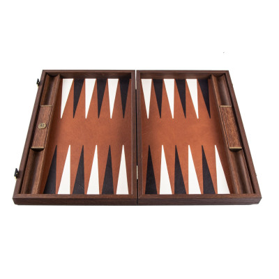 BROWN EMBROIDERED FAUX LEATHER BACKGAMMON GAME