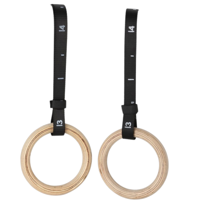 PAIR OF CAGL WOODEN GYMNASTICS RINGS WITH ADJUSTABLE BELT