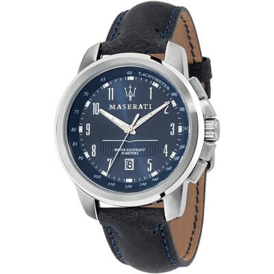 SUCCESSO MEN'S WATCH BLACK LEATHER SILVER AND BLUE
